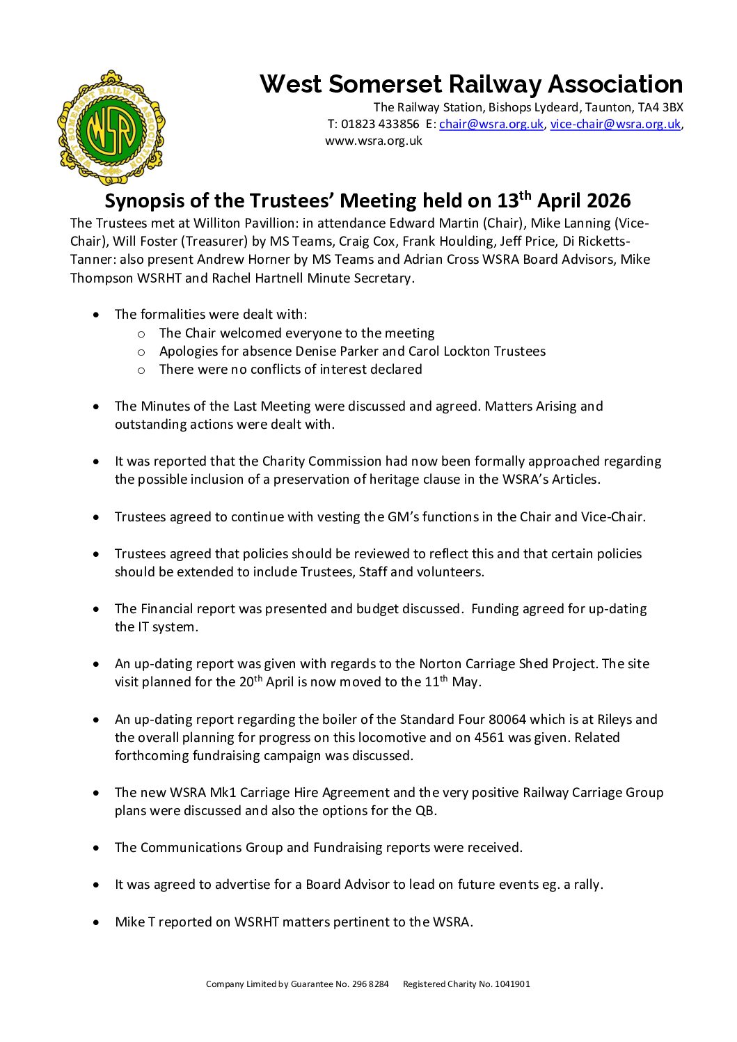 Synopsis of Trustee Meeting help on Monday 13th April