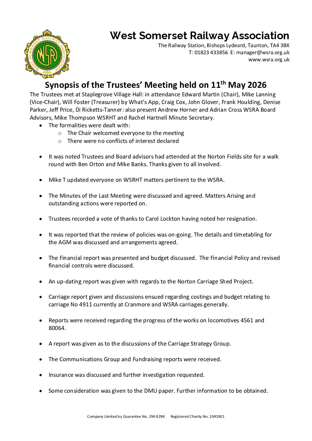 Synopsis of Trustee Meeting help on Monday 11th May